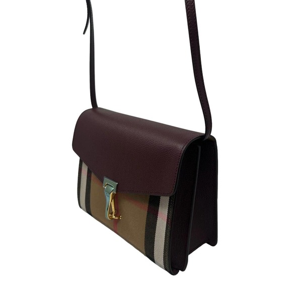 NWT Burberry Small Macken House Check Derby Leather Cross Body Bag Mahogany Red - Picture 2 of 6